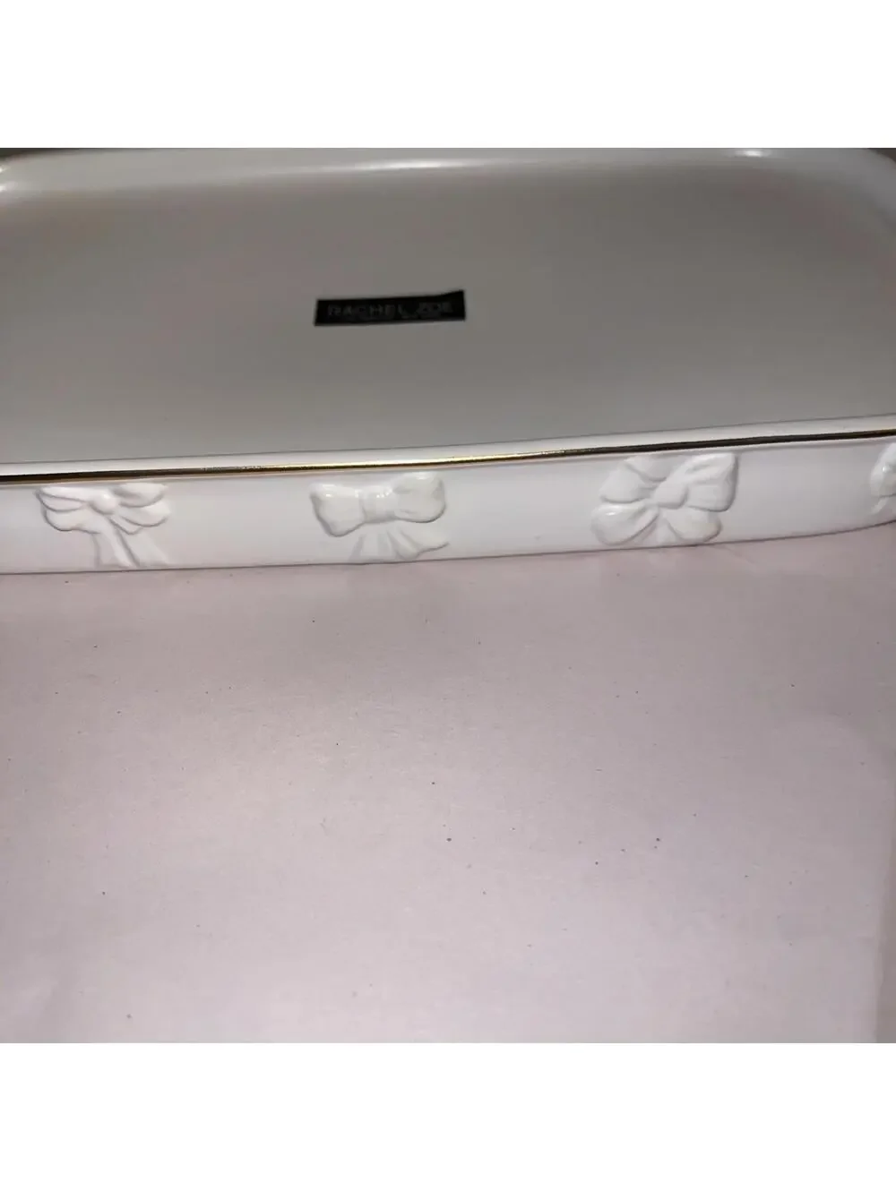NEW RACHEL ZOE BOW OVAL LUXURY GOLD TRIM VANITY TRAY CERMAIC 12''x6''